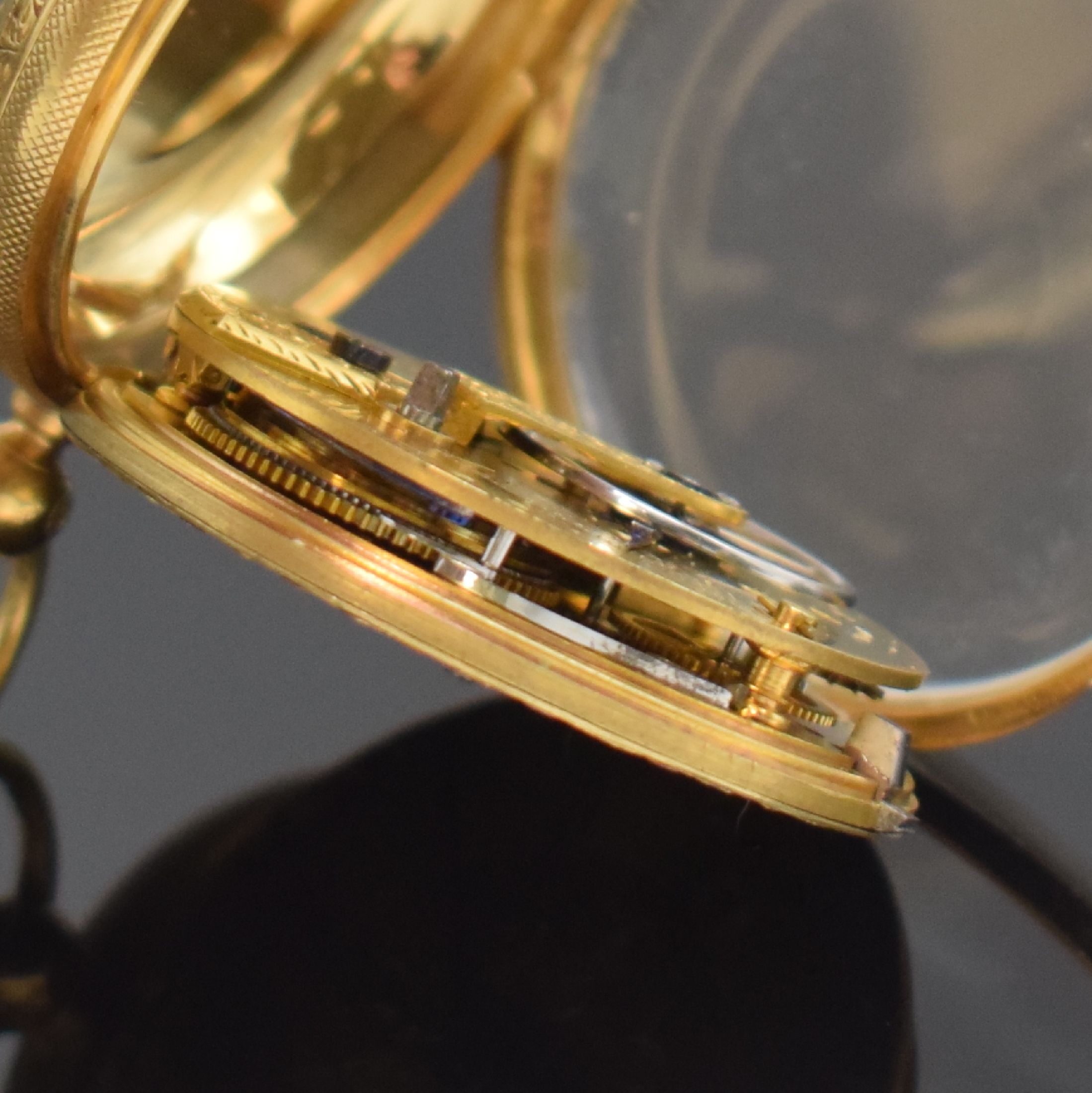 Detail g: Geo. LANGSTER Aberdeen offene Taschenuhr in GG 750/000, England um 1870, gold. Zifferbl. m. röm. Zahlen, gebl. Birnenzeiger, verg. Ankerwerk m. ...