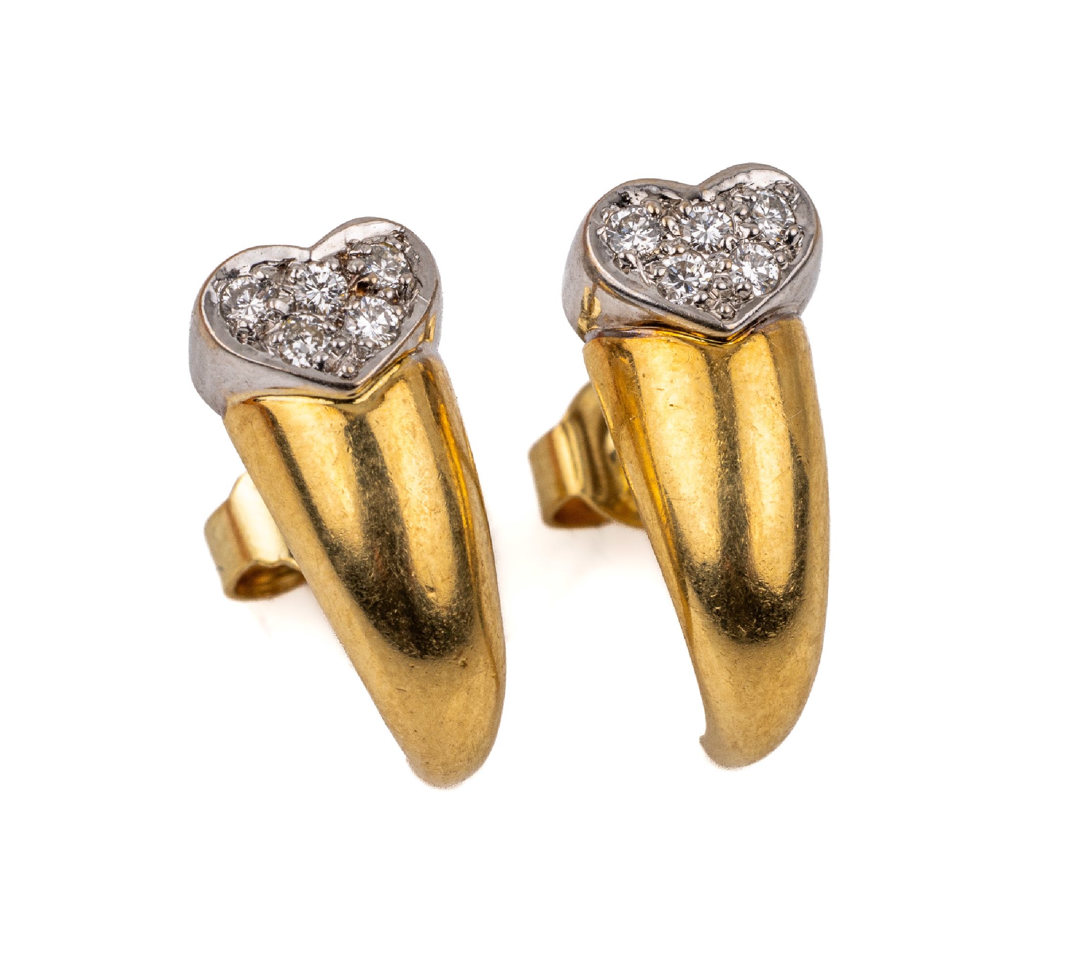 Paar 18 kt Gold Diamant Ohrstecker, GG/WG 750/000, kl. Diamantbesatz in WG herzförmig gefasst, L. ca. 1.6 cm, ca. 3.9 g