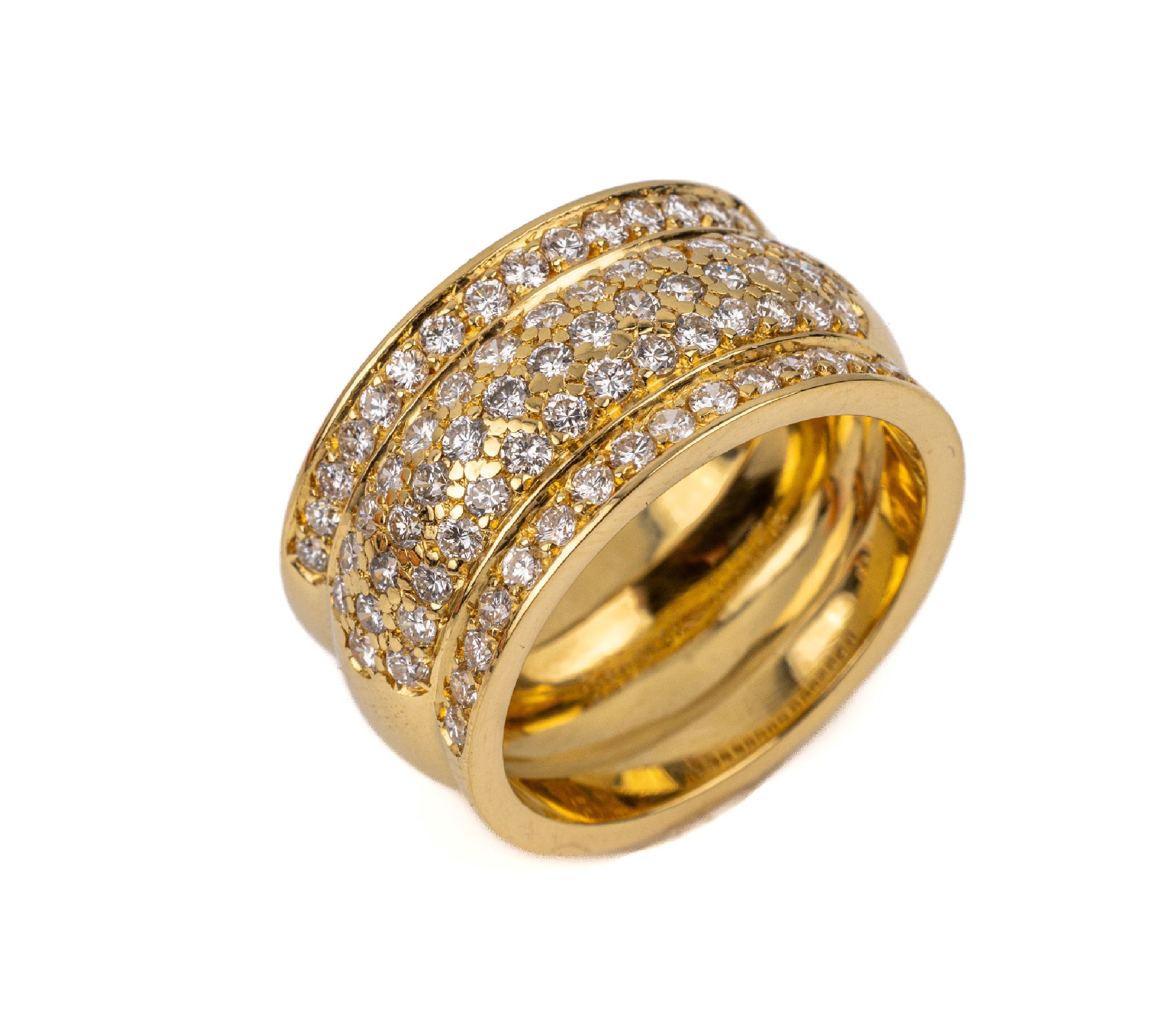 Breiter 18 kt Gold Brillant-Ring, GG 750/000, 5 rhg. bes. mit 73 Brillanten zus. ca. 0.78 ct feines Weiß/vs-si, RW 56 ca. 12.4 g, B. ca. 11.4 mm