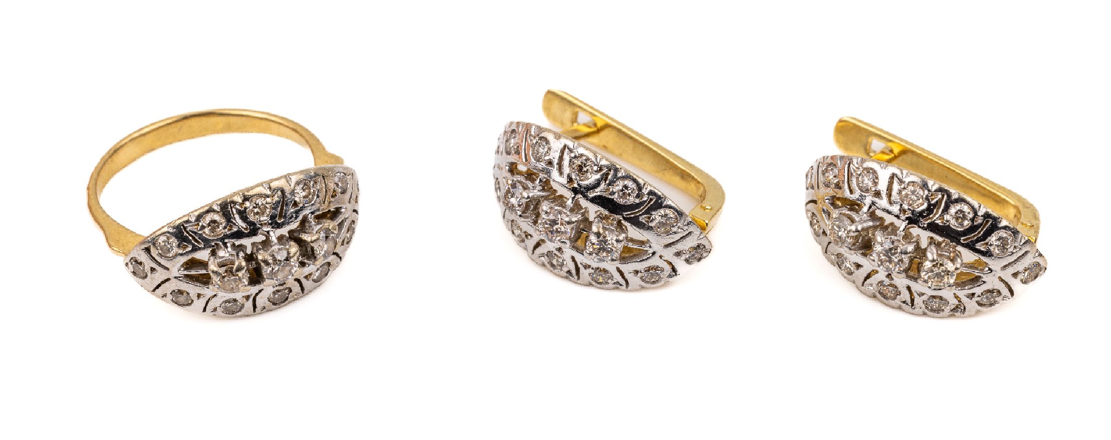 18 kt Gold Diamant-Schmuckset, GG/WG 750/000, best. aus: Paar Ohrstecker je mit 15 Diamanten zus. ca. 1.0 ct Weiß/si, ca. 9.9 g, L. ca. 2 cm; Ring ...