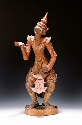 Image 26700682 - Sculpture of Hanuman, Bali, 20th century, carved tropical wood, polychrome painted, withcolorful sequins, hole in the base, attribute missing, H. approx. 56.5cm