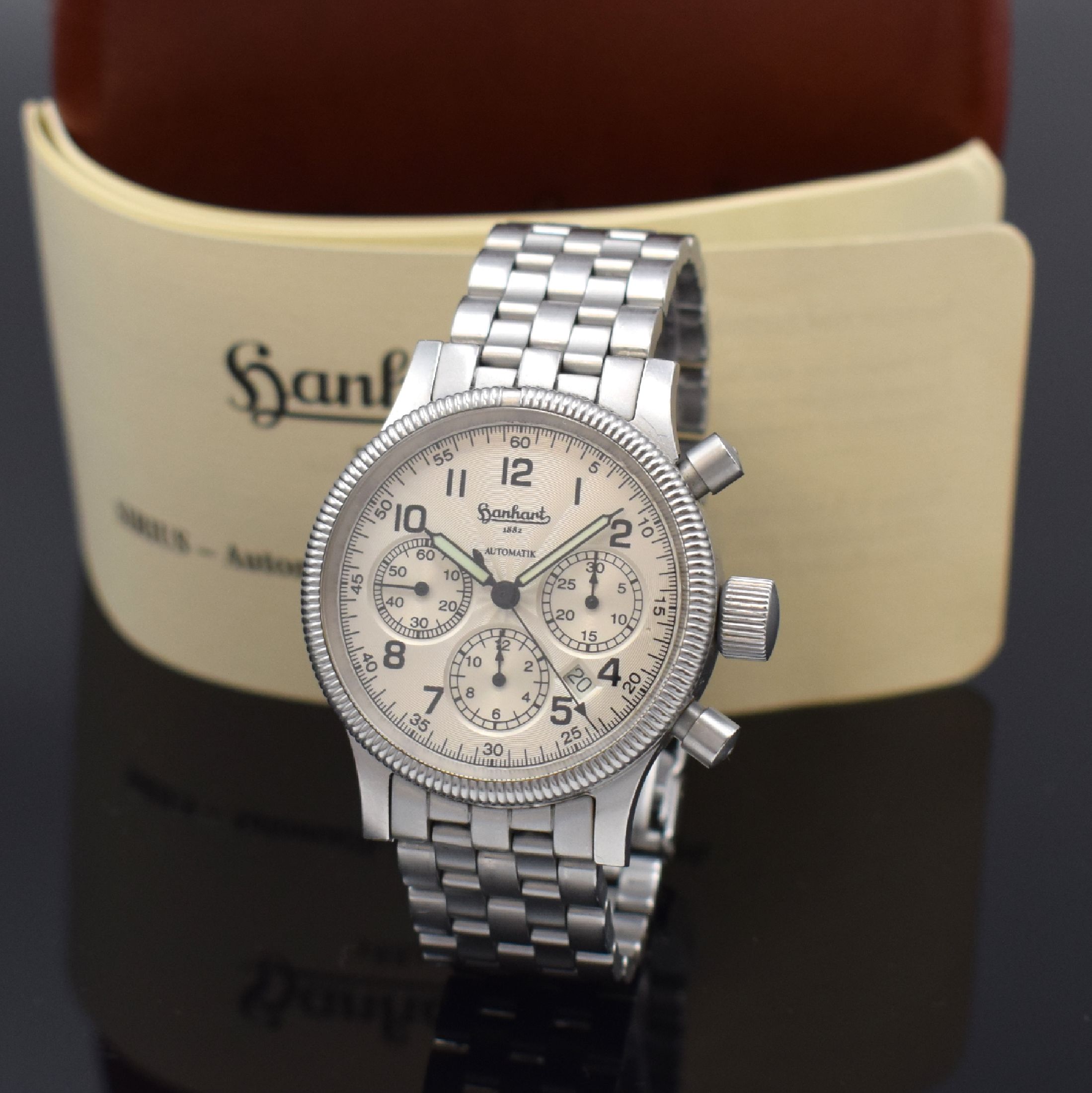 HANHART Armbandchronograph Modell Sirius Referenz 710, Automatik, Deutschland um 2001, Edelstahlgeh. inkl. Gliederband m. Faltschl., beids. vergl., ...