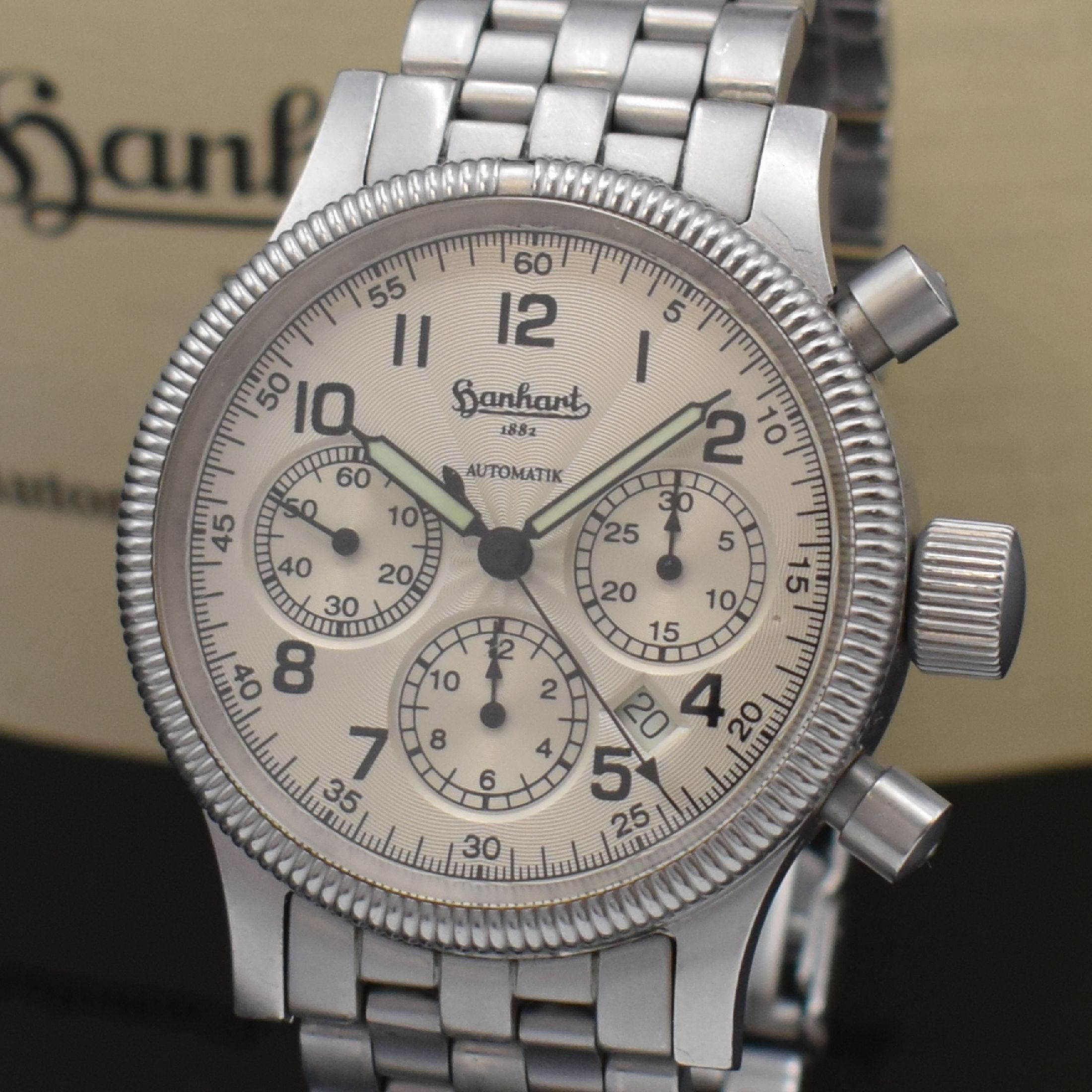 Detail a: HANHART Armbandchronograph Modell Sirius Referenz 710, Automatik, Deutschland um 2001, Edelstahlgeh. inkl. Gliederband m. Faltschl., beids. vergl., ...