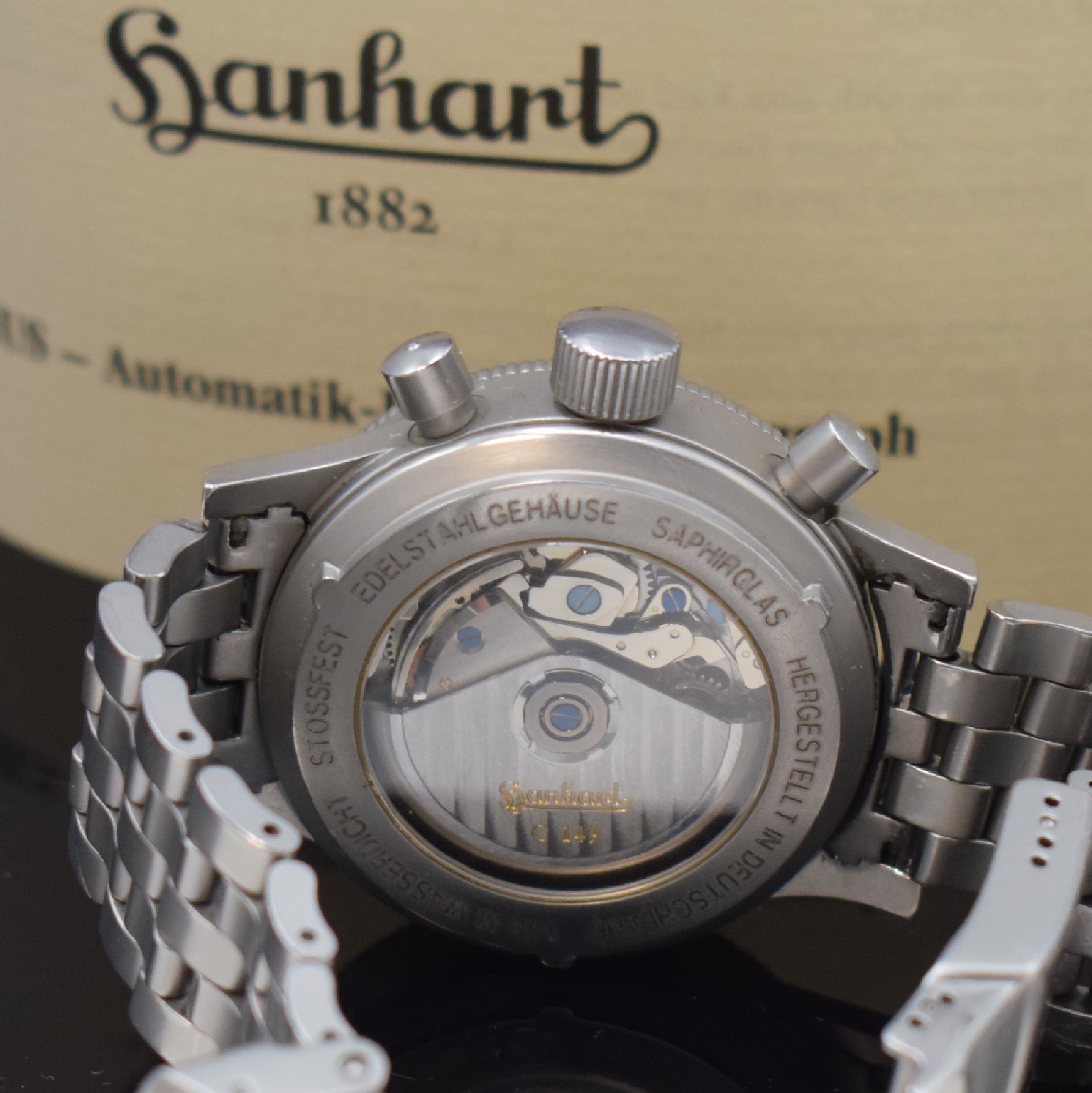 Detail d: HANHART Armbandchronograph Modell Sirius Referenz 710, Automatik, Deutschland um 2001, Edelstahlgeh. inkl. Gliederband m. Faltschl., beids. vergl., ...