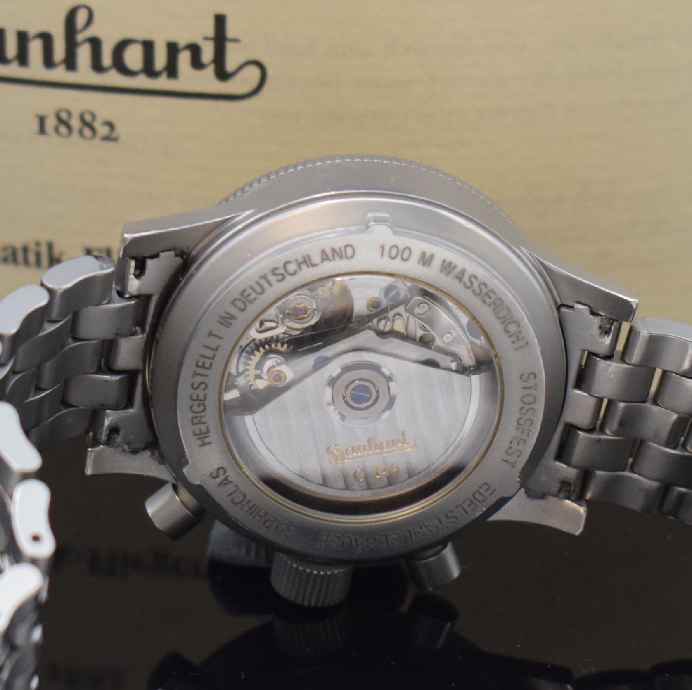 Detail e: HANHART Armbandchronograph Modell Sirius Referenz 710, Automatik, Deutschland um 2001, Edelstahlgeh. inkl. Gliederband m. Faltschl., beids. vergl., ...