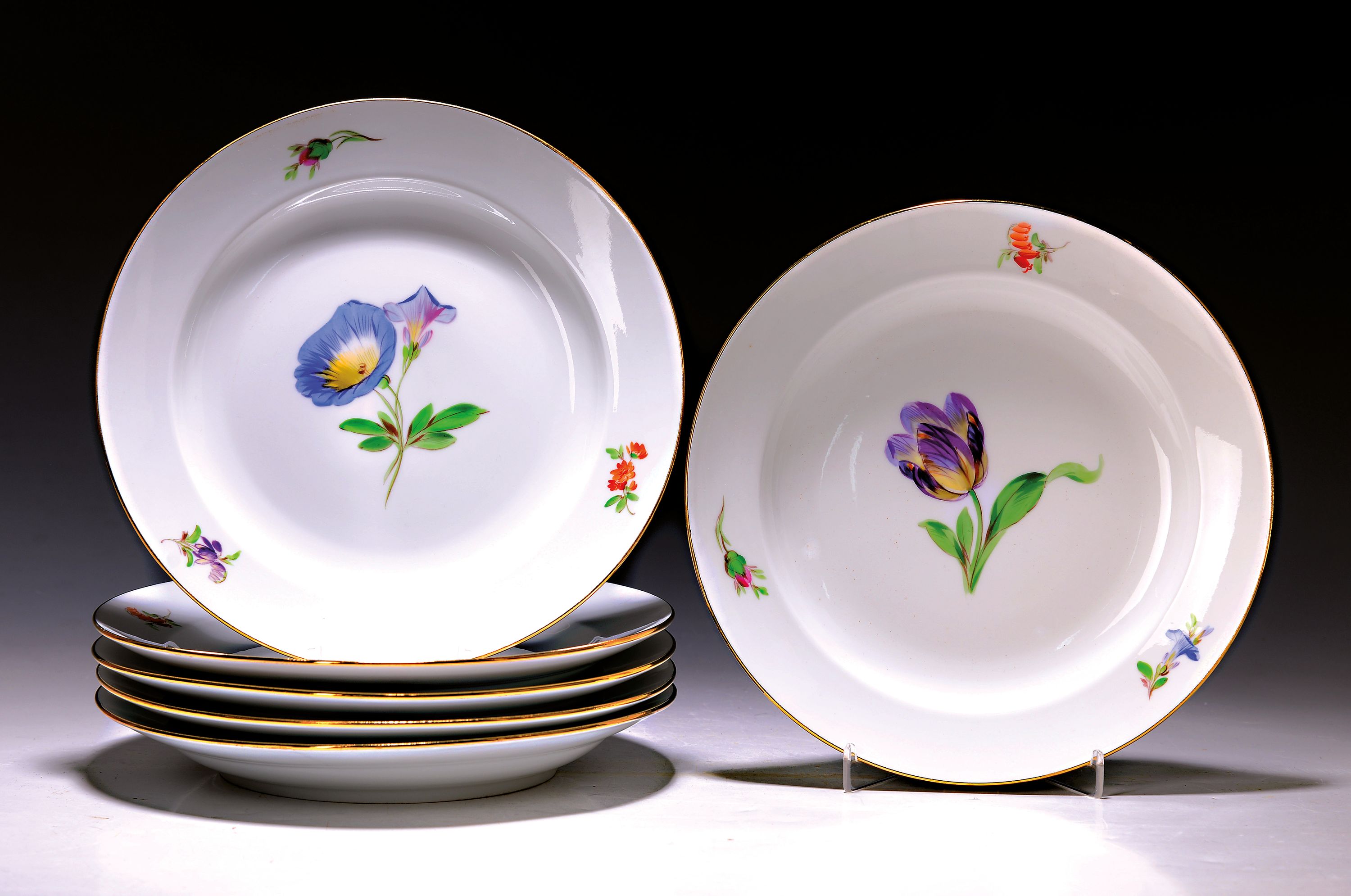 6 Teller, Meissen, um 1890, 2. Wahl, Blumenmalerei, Blume 1, Goldrand, D.ca. 24 cm