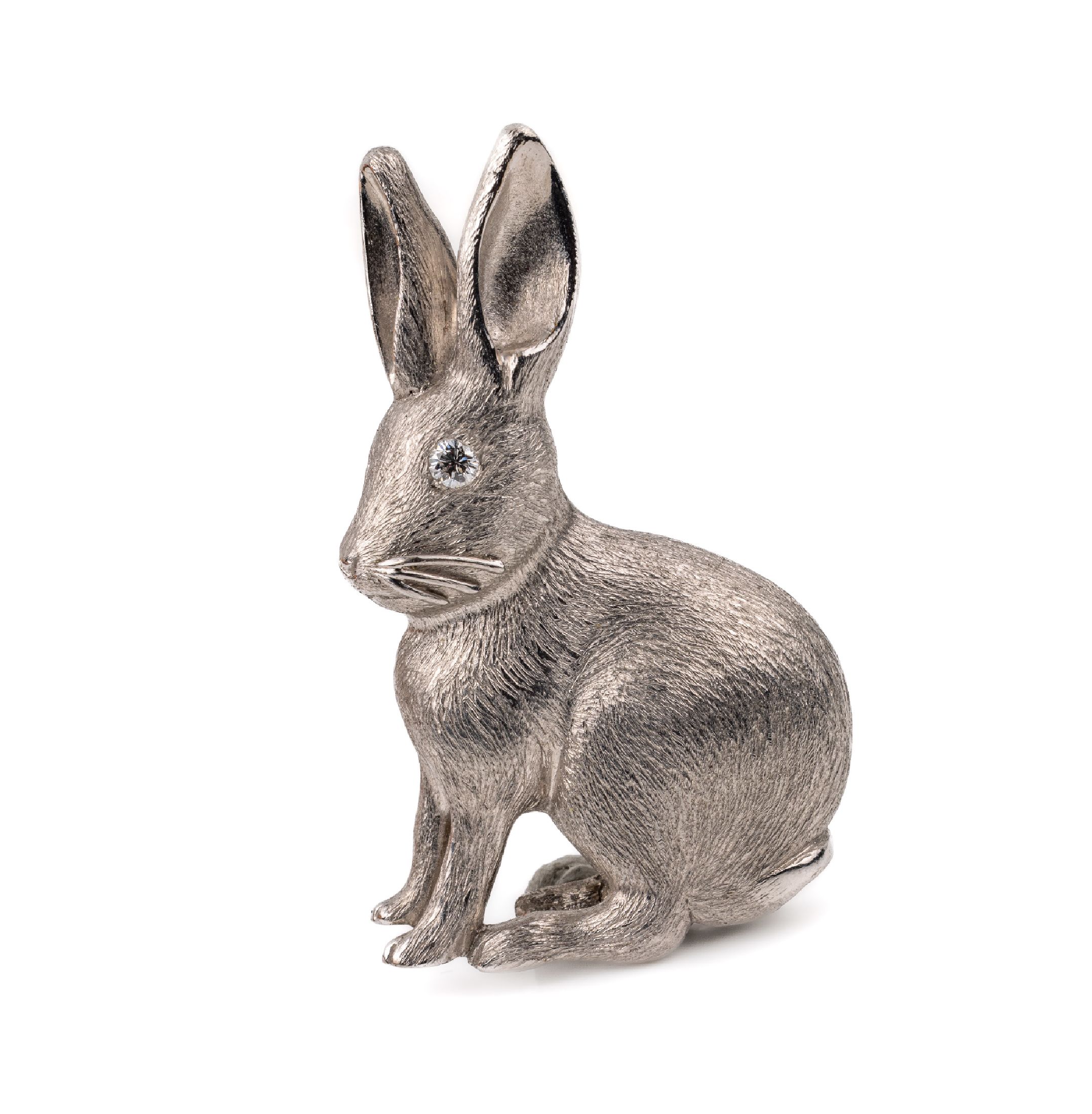 18 kt Gold Brillant-Brosche "Hase", WG 750/000, fein grav., ein Brillant als Auge ca.0.05 ct feines Weiß/vs, L. ca. 5 cm, total ca.23.0 ...