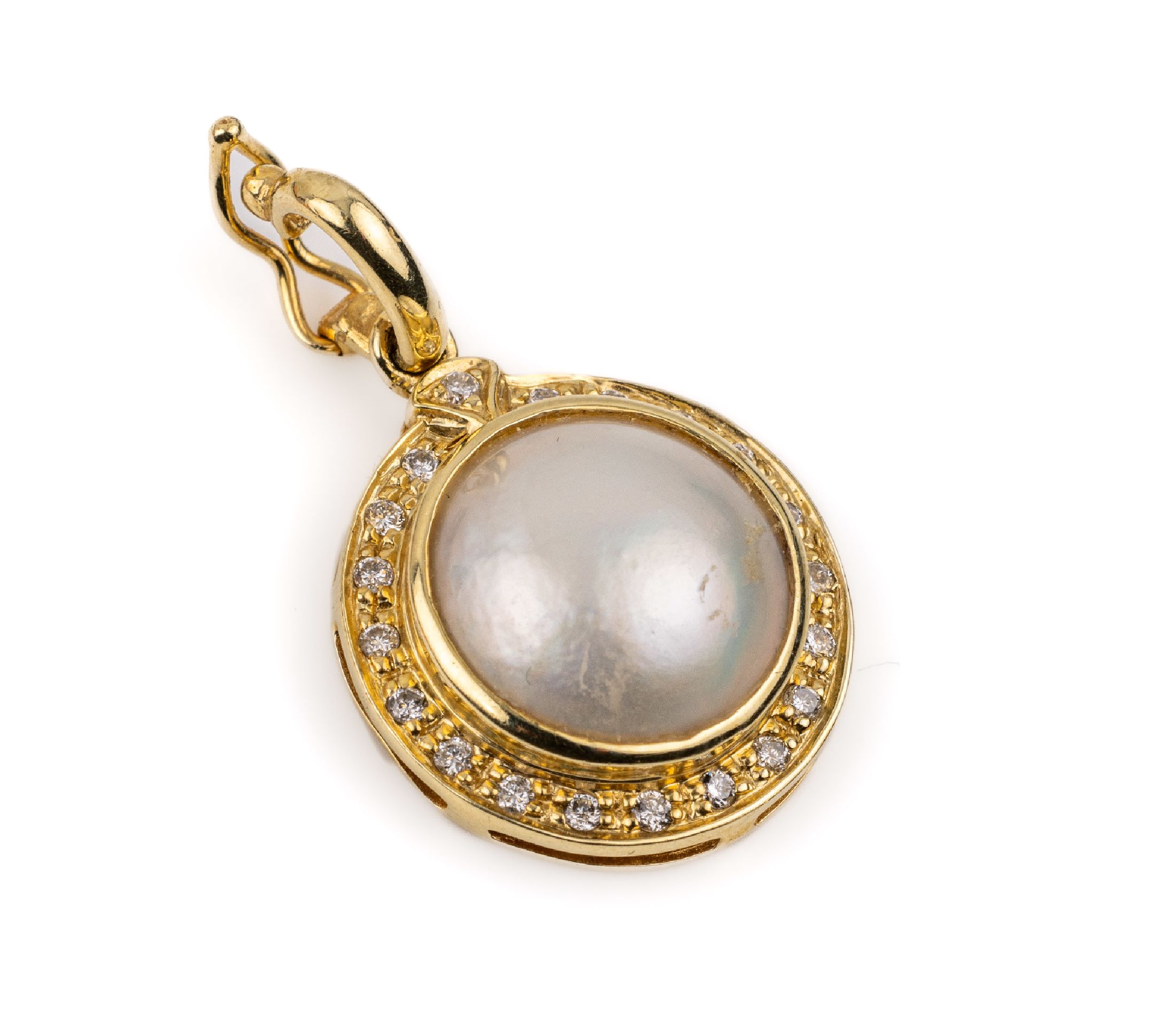 14 kt Gold Perl-Brillant-Clipanhänger, GG 585/000, Mabeperl D ca. 11.2 mm, umgeben von Brillanten zus. ca. 0.25 ct Weiß/lr-vs, total ca. 2.8 g