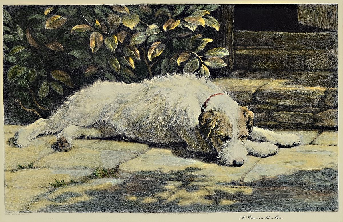 Herbert Thomas Dicksee, 1862 - 1942, Place in the sun, Farbradierung, monogrammiert in d Platte HD und dat. 1924, unter Glas, Rahmen, PP. Ausschnitt ...