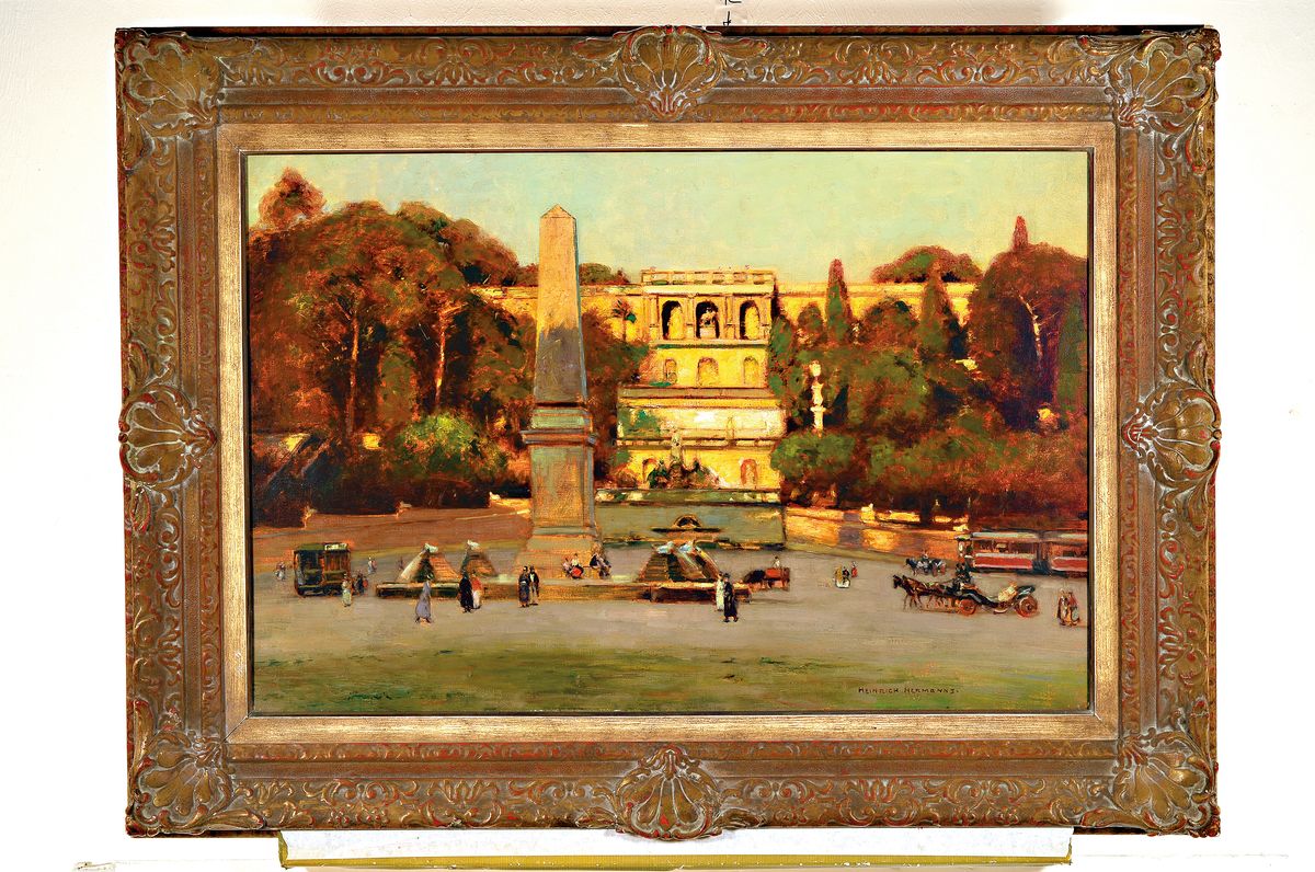 Detail k: Heinrich Hermanns, 1862-1942 Düsseldorf, Platz vor einem Schloß mit Obelisk und Brunnen, Öl/Lwd, rest., doubl., rechts unten sign., ca. 58x86cm, ...
