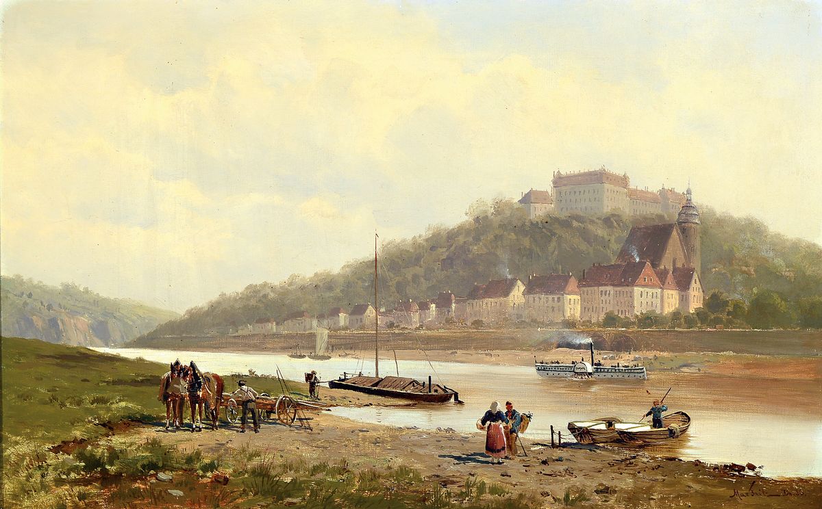 Max Fritz, 1849 Berlin-1913 Dresden, Flussuferlandschaft mit Fischern, Raddampfer und höher gelegener Festung, Öl/Lwd, rest., doubl., ca. 38x60cm, ...