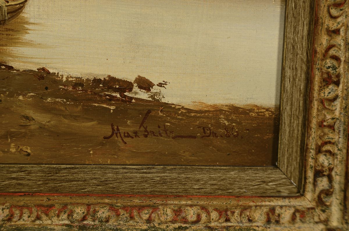 Detail a: Max Fritz, 1849 Berlin-1913 Dresden, Flussuferlandschaft mit Fischern, Raddampfer und höher gelegener Festung, Öl/Lwd, rest., doubl., ca. 38x60cm, ...
