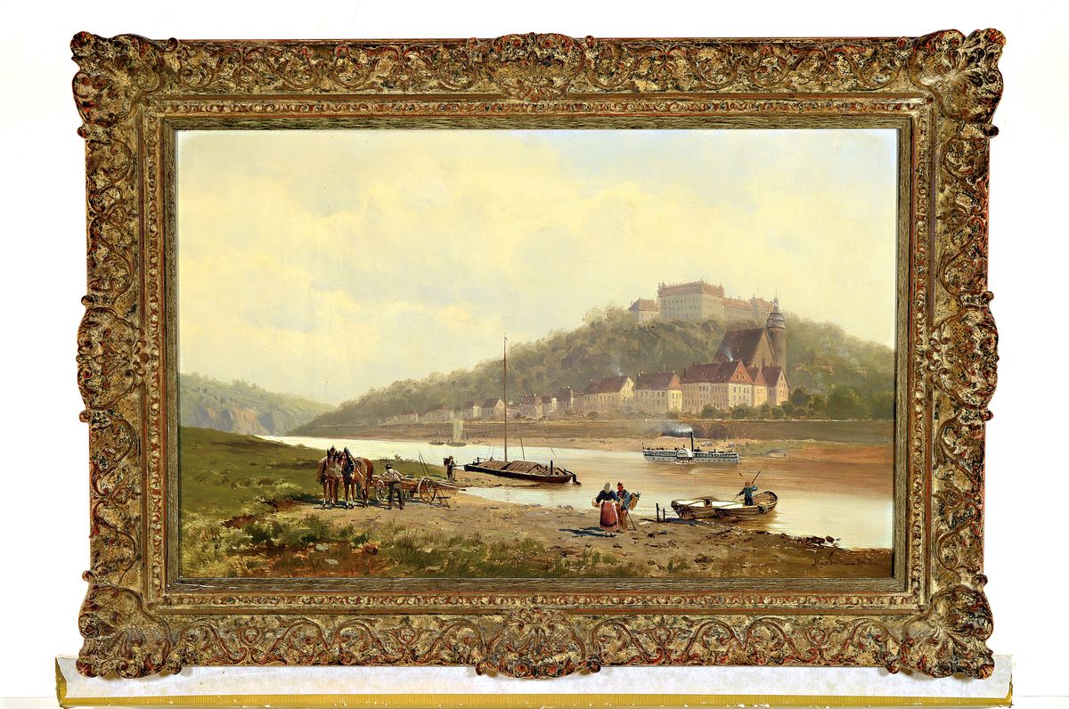 Detail k: Max Fritz, 1849 Berlin-1913 Dresden, Flussuferlandschaft mit Fischern, Raddampfer und höher gelegener Festung, Öl/Lwd, rest., doubl., ca. 38x60cm, ...