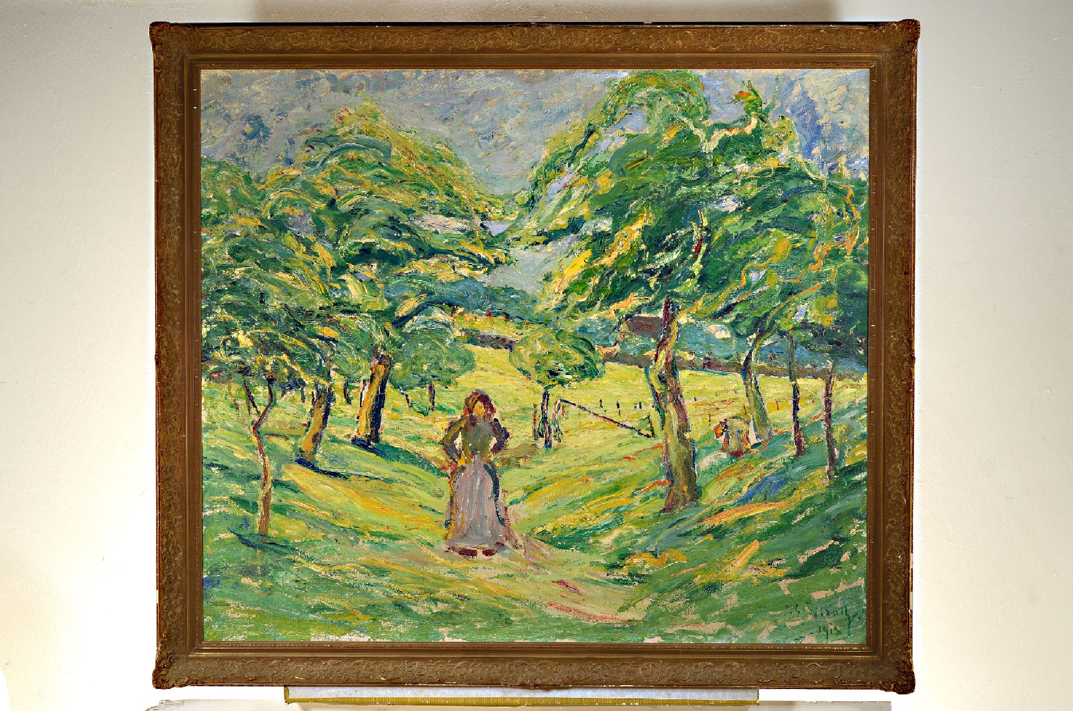 Johannes Greferath, 1872 Schlesien-1946 Köln , Landschaft mit Bäuerin, expressiver Gestus, Öl/Lwd, rechts unten signiert und dat. 1913,ca. 95 x ...