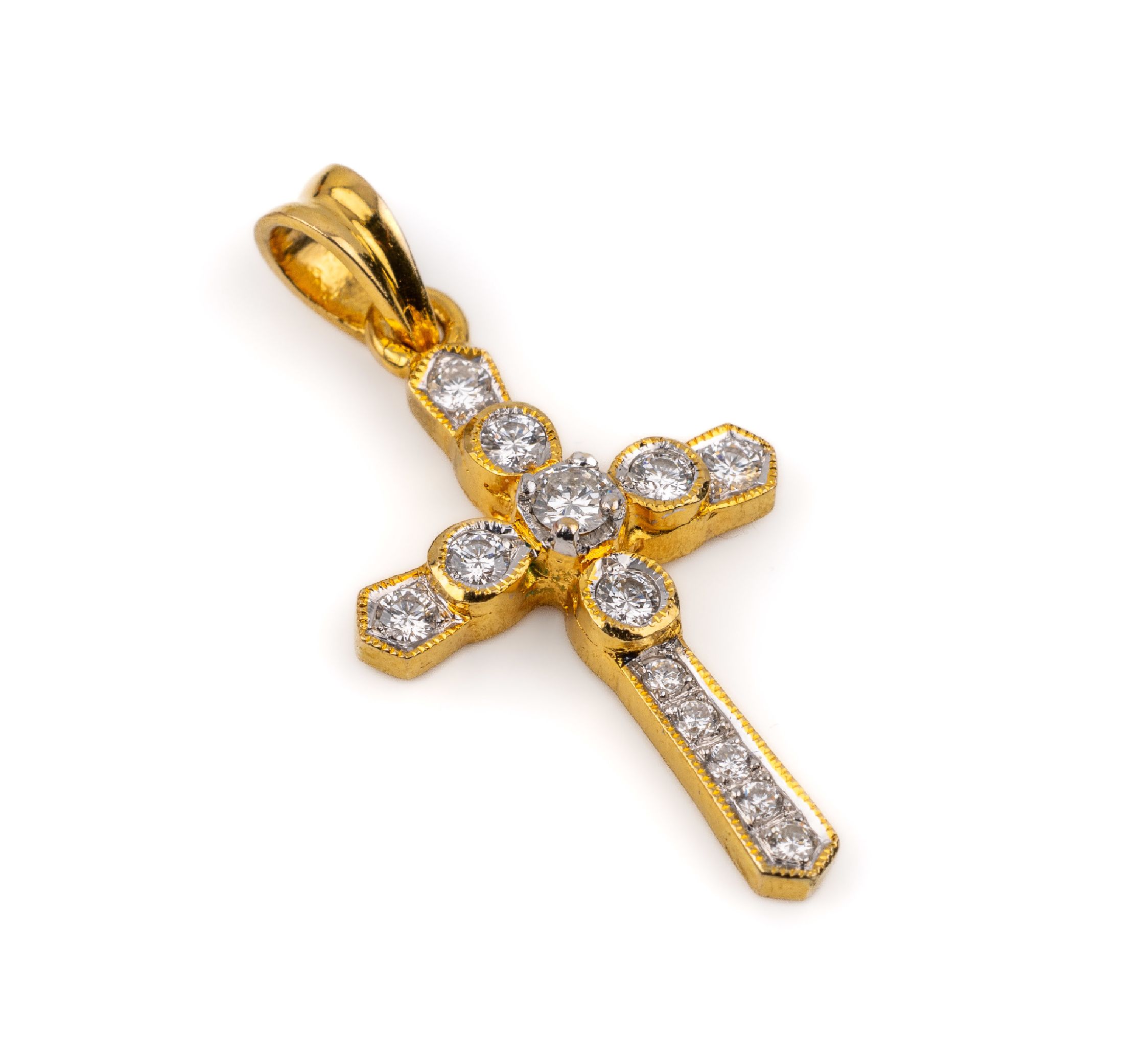 18 kt Gold Brillant-Kreuzanhänger, GG 750/000, 13 Brillanten zus. ca. 0.50 ct feines Weiß-Weiß/lr-vs, L. ca. 3 cm, total ca. 2.6 g