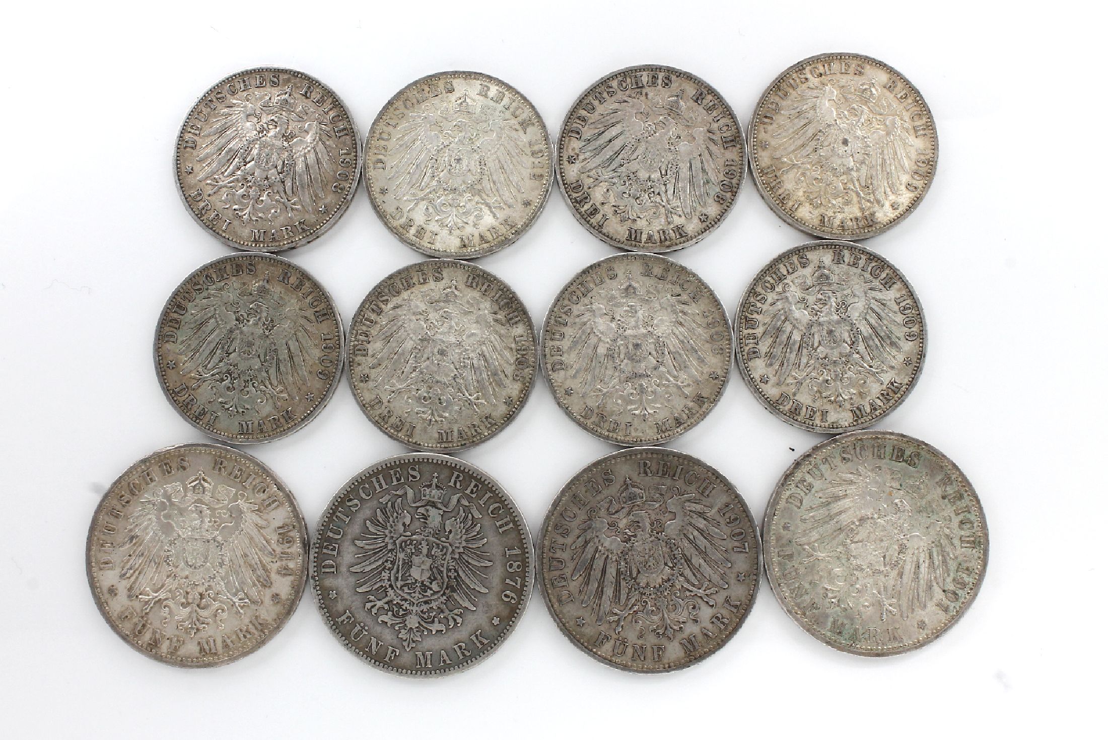 Detail a: Konvolut Silbermünzen, Preussen, 2 Mark: 2 x 1888, 2 x 1907; 3 Mark: 4 x 1908, 3 x 1909, 1 x 1912; Der König rief: 4 x 2 Mark 1913, 5 x 3 Mark ...