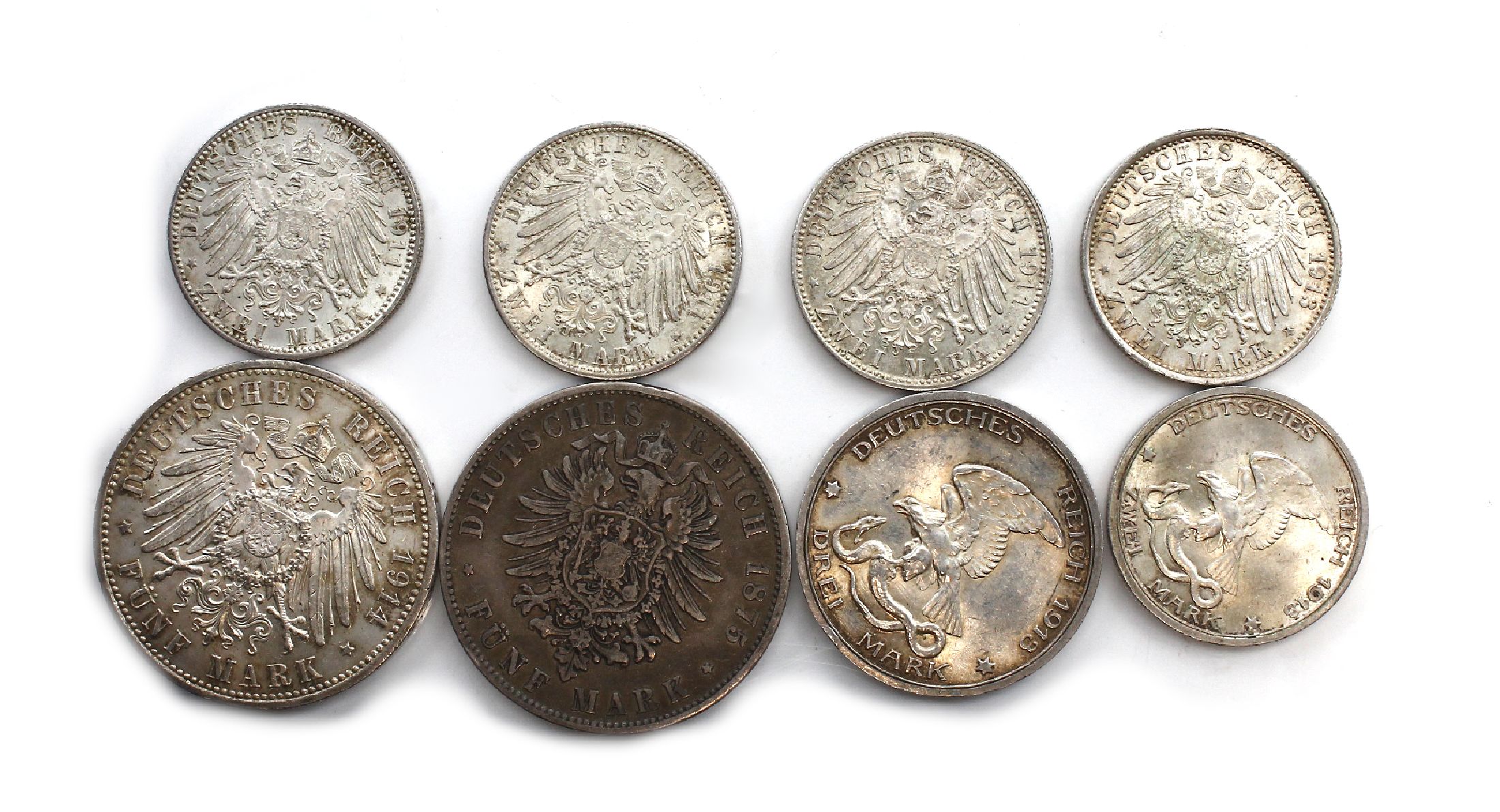 Detail a: Silbermünzen Deutsches Reich, Bayern, 3 Mark 1910; 2 x König v. Bayern 3 Mark 1914; Prinzregent 1921-1911, 3 x 2 Mark 1911, 1 x 3 Mark 1911; 5 ...