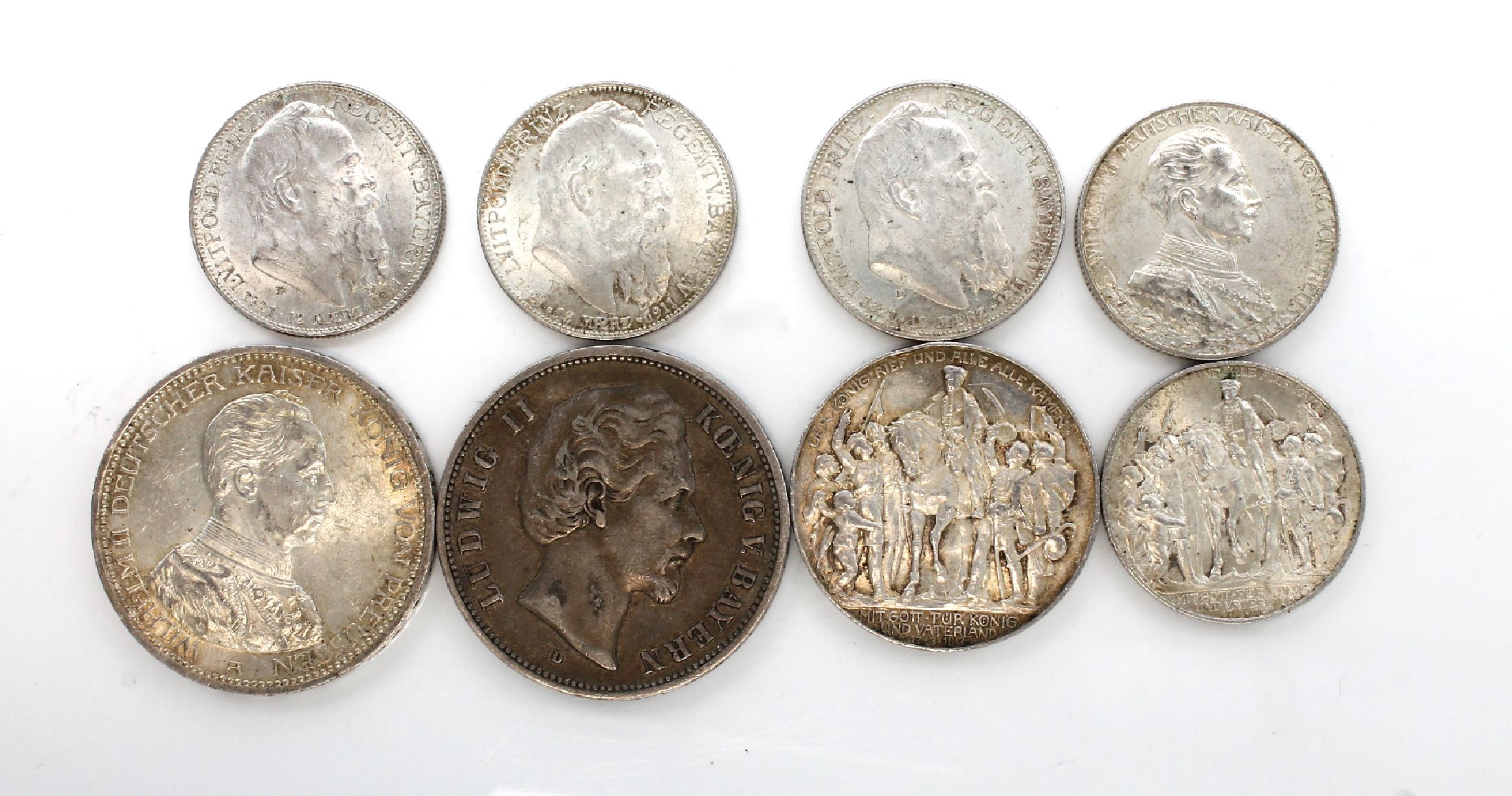 Detail b: Silbermünzen Deutsches Reich, Bayern, 3 Mark 1910; 2 x König v. Bayern 3 Mark 1914; Prinzregent 1921-1911, 3 x 2 Mark 1911, 1 x 3 Mark 1911; 5 ...