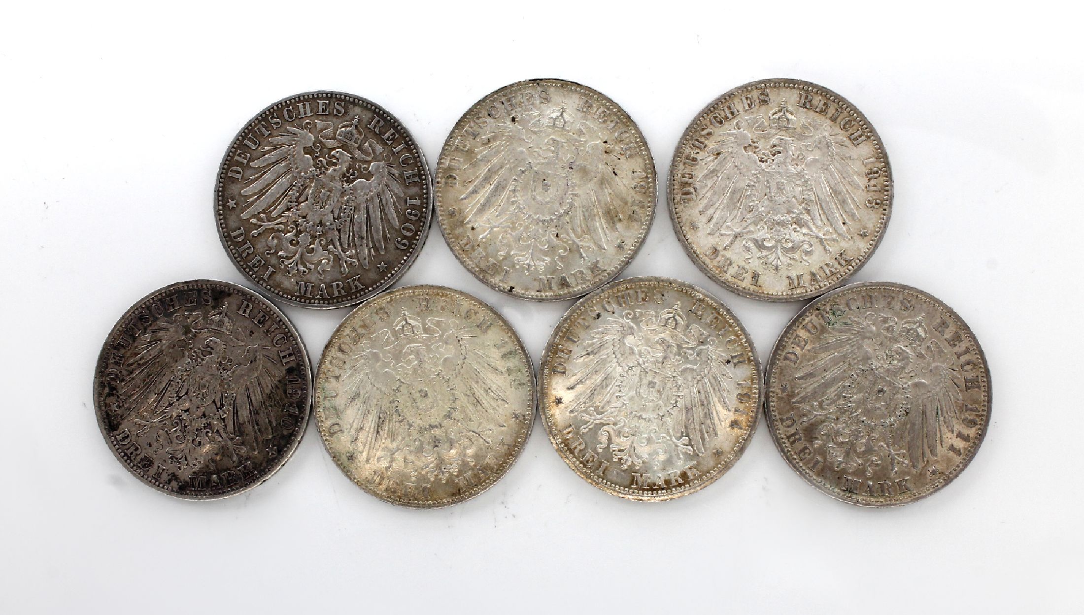 Detail c: Silbermünzen Deutsches Reich, Bayern, 3 Mark 1910; 2 x König v. Bayern 3 Mark 1914; Prinzregent 1921-1911, 3 x 2 Mark 1911, 1 x 3 Mark 1911; 5 ...