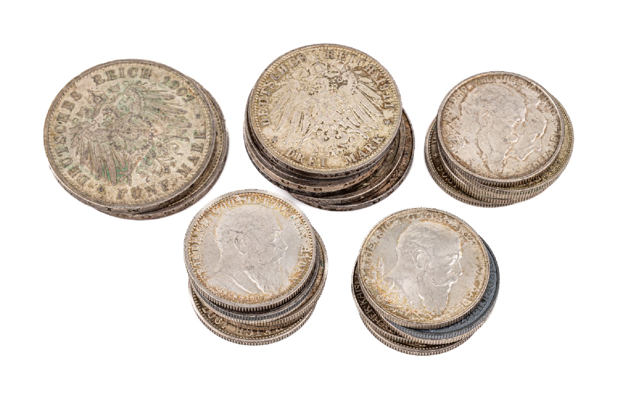 Konvolut 27 Silbermünzen: Bayern: Prinzregent 1921-1911, 2 Mark und 5 Mark; Baden 2 Mark 1906, 5 x Luise von Baden, 5 x 2 Mark Großherzog von Baden ...