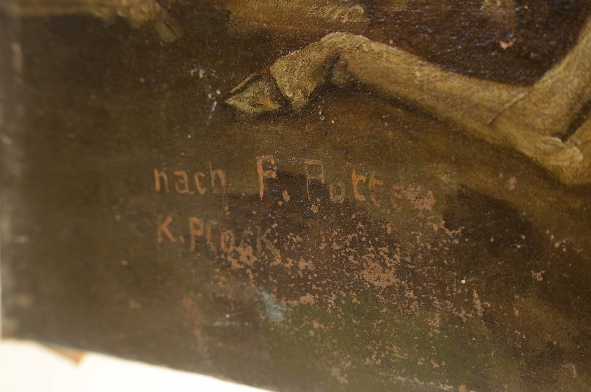 Detail a: Karl Plock, 1861-1924, Kopie nach Paulus Potter (1625-1654) "Der Stier" (1647, heute imMauritshuis Den Haag), Öl/Lwd, links unten sign.: ...