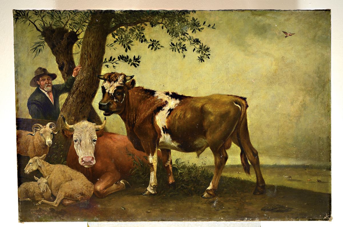 Detail k: Karl Plock, 1861-1924, Kopie nach Paulus Potter (1625-1654) "Der Stier" (1647, heute imMauritshuis Den Haag), Öl/Lwd, links unten sign.: ...