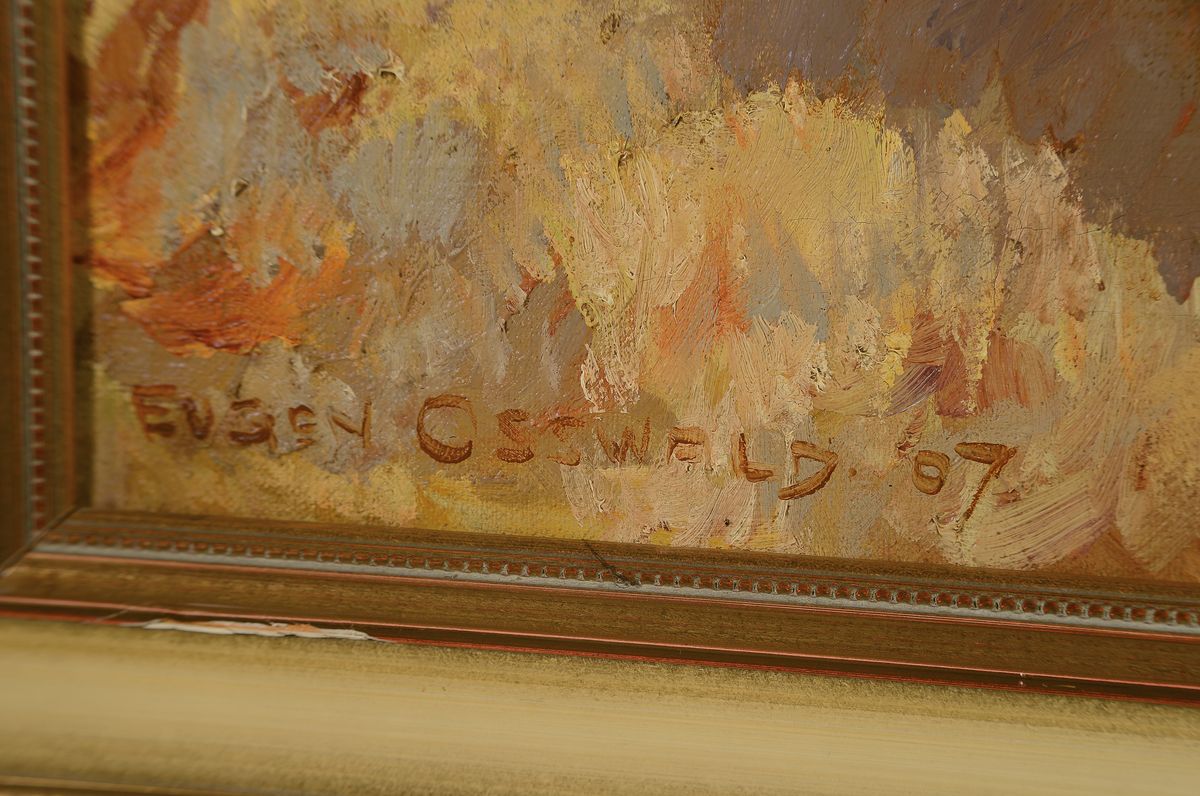 Detail a: Eugen Osswald, 1879 Stuttgart-1960 München, Studium an der Akademie München bei Heinrich von Zügel, hier: Bauer mit zwei Kühen in Landschaft, ...