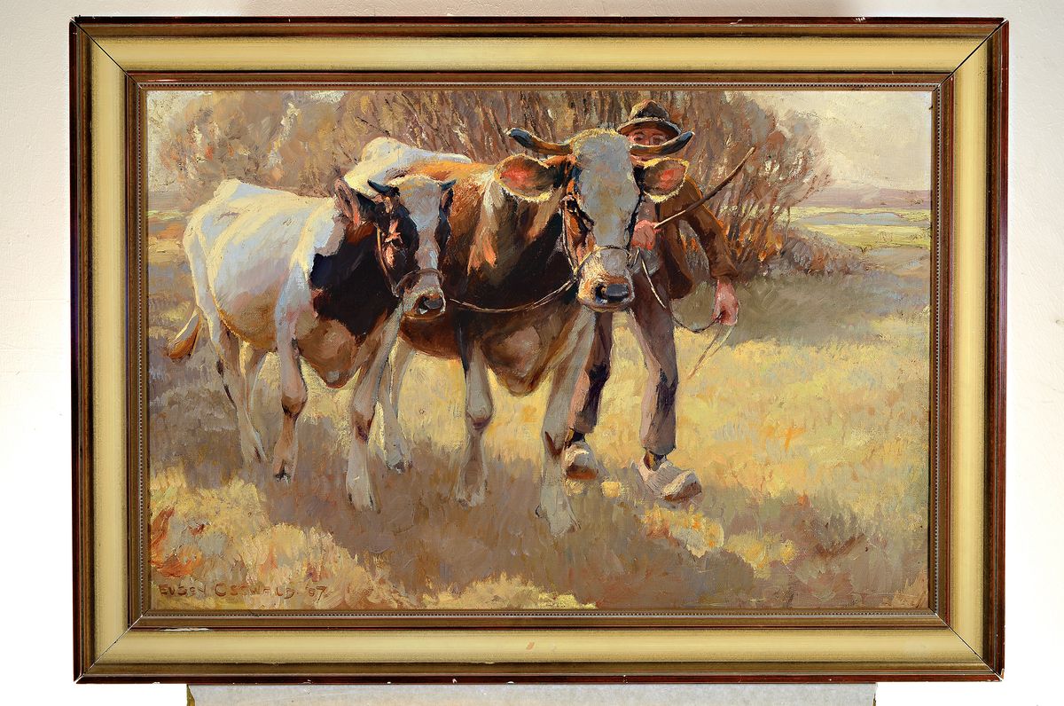 Detail k: Eugen Osswald, 1879 Stuttgart-1960 München, Studium an der Akademie München bei Heinrich von Zügel, hier: Bauer mit zwei Kühen in Landschaft, ...