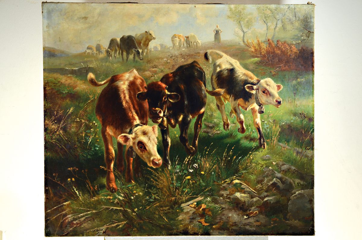 Detail k: Unbekannter Künstler, um 1900-1910, in der Art des Anton Braith, einen Hügel herabkommende junge Rinder, Öl/LWd, doubl., unsign., ca. 110x127cm ...