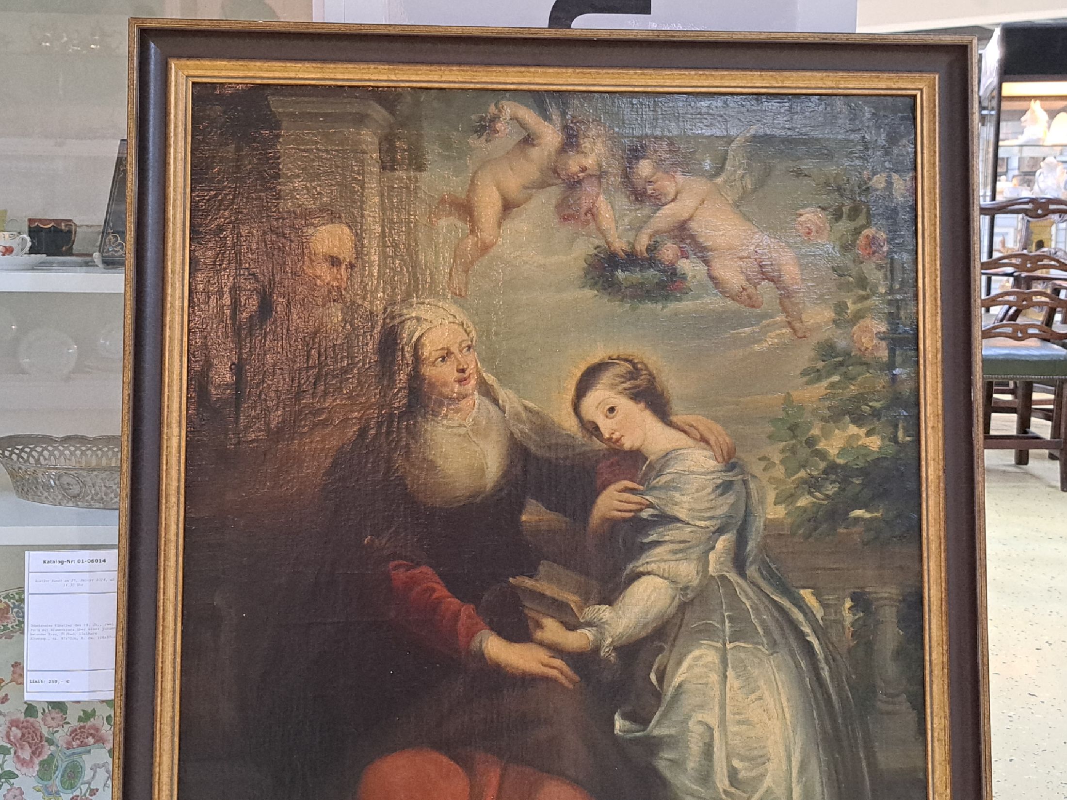 Detail c: Unbekannter Künstler des 19. Jh., zwei Putti mit Blumenkranz über einer jungen betenden Frau, Öl/Lwd, kleinere Alterssp., ca. 97x70cm, R. ca. ...