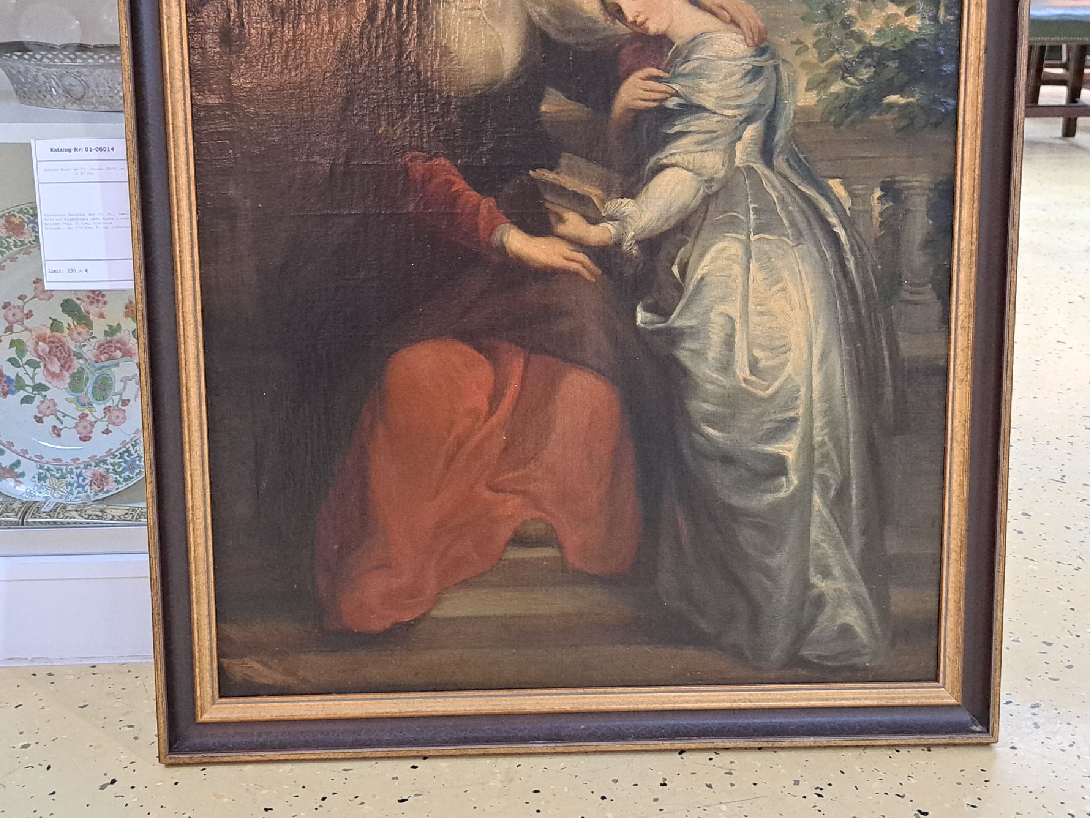 Detail d: Unbekannter Künstler des 19. Jh., zwei Putti mit Blumenkranz über einer jungen betenden Frau, Öl/Lwd, kleinere Alterssp., ca. 97x70cm, R. ca. ...