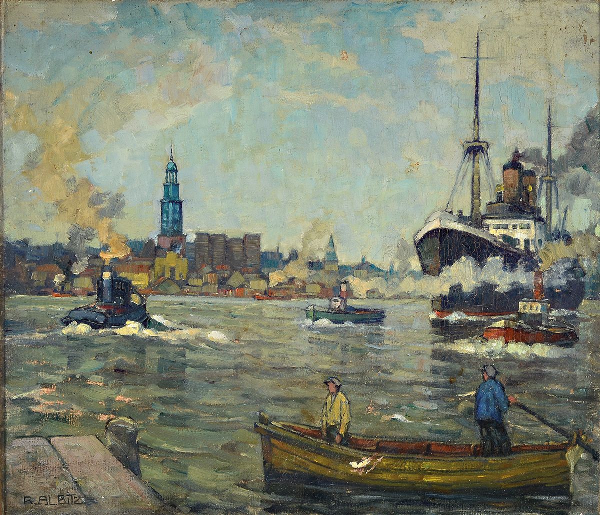 Richard Albitz, 1876 Berlin-1954, Studium an der Akademie Berlin, hier: Hamburger Hafen mit sienem Wahrzeichen dem großen Michel, so rückseitig ...