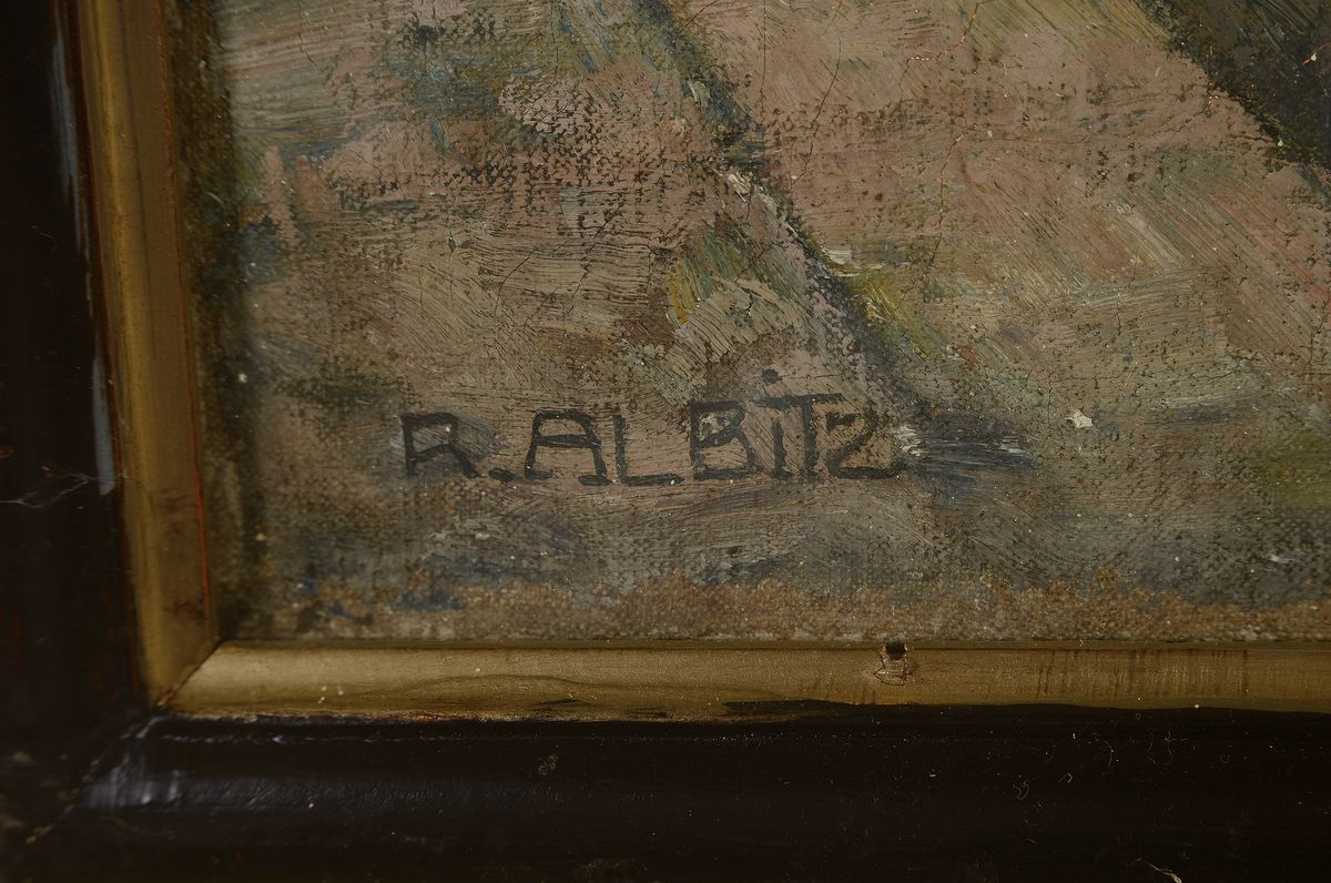 Detail a: Richard Albitz, 1876 Berlin-1954, Studium an der Akademie Berlin, hier: Hamburger Hafen mit sienem Wahrzeichen dem großen Michel, so rückseitig ...