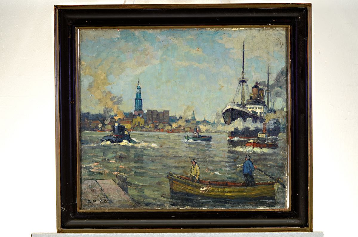 Detail k: Richard Albitz, 1876 Berlin-1954, Studium an der Akademie Berlin, hier: Hamburger Hafen mit sienem Wahrzeichen dem großen Michel, so rückseitig ...