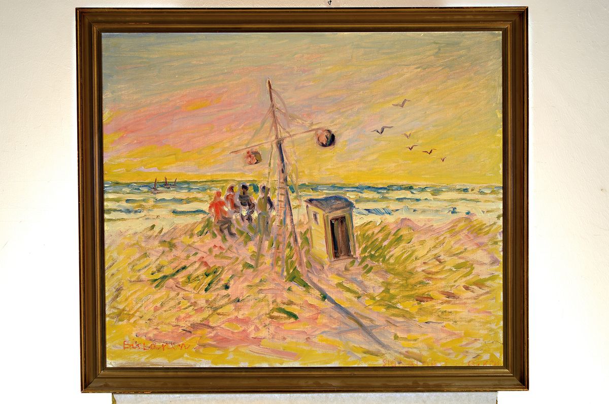 Detail k: Erik Larsen, geb. 1902 Frederikshaven Dänemark, Mast und Hütte in den Dünen, Öl/Lwd, links unten signiert, ca. 69x82cm, R. ca. 78x90cm