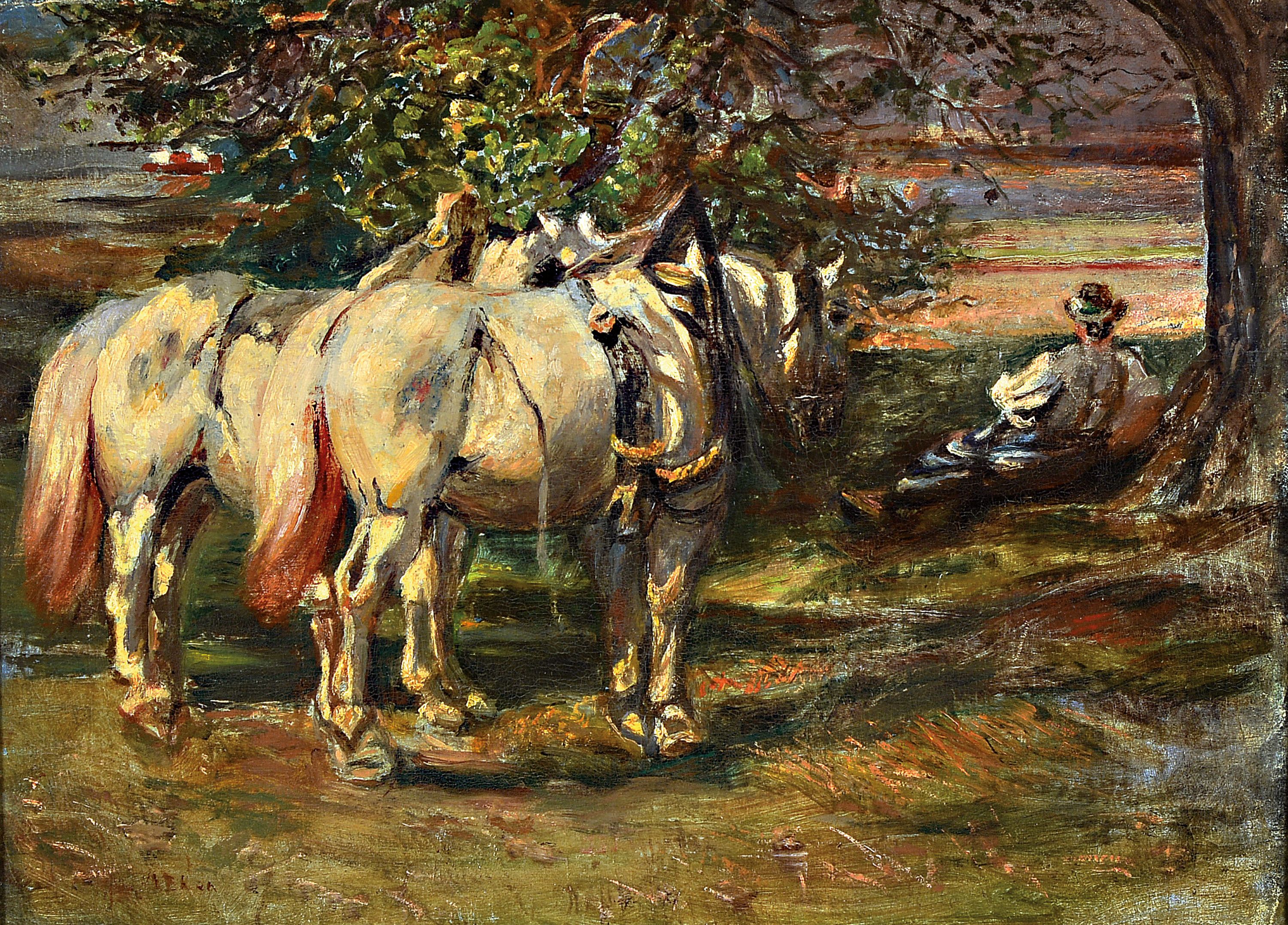 Unbekannter Künstler, dat. 1926, Stuttgarter Schule, zwei Schimmel und ein Bauer bei der Rast unter einem Baum, Öl/Lwd, links unten monogr. E.K. ...