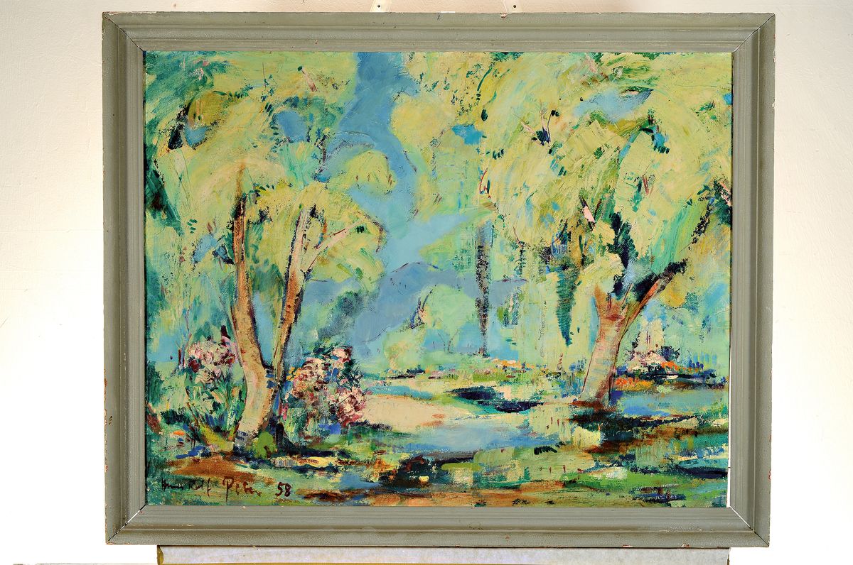 Detail k: Hans Rolf Peter, 1926-2020 Neustadt an der Weinstr., Landschaft in den Rheinauen, Öl/Hartfaser, links unten sign. und dat. 58, ca. 64x81cm, R. ca. ...