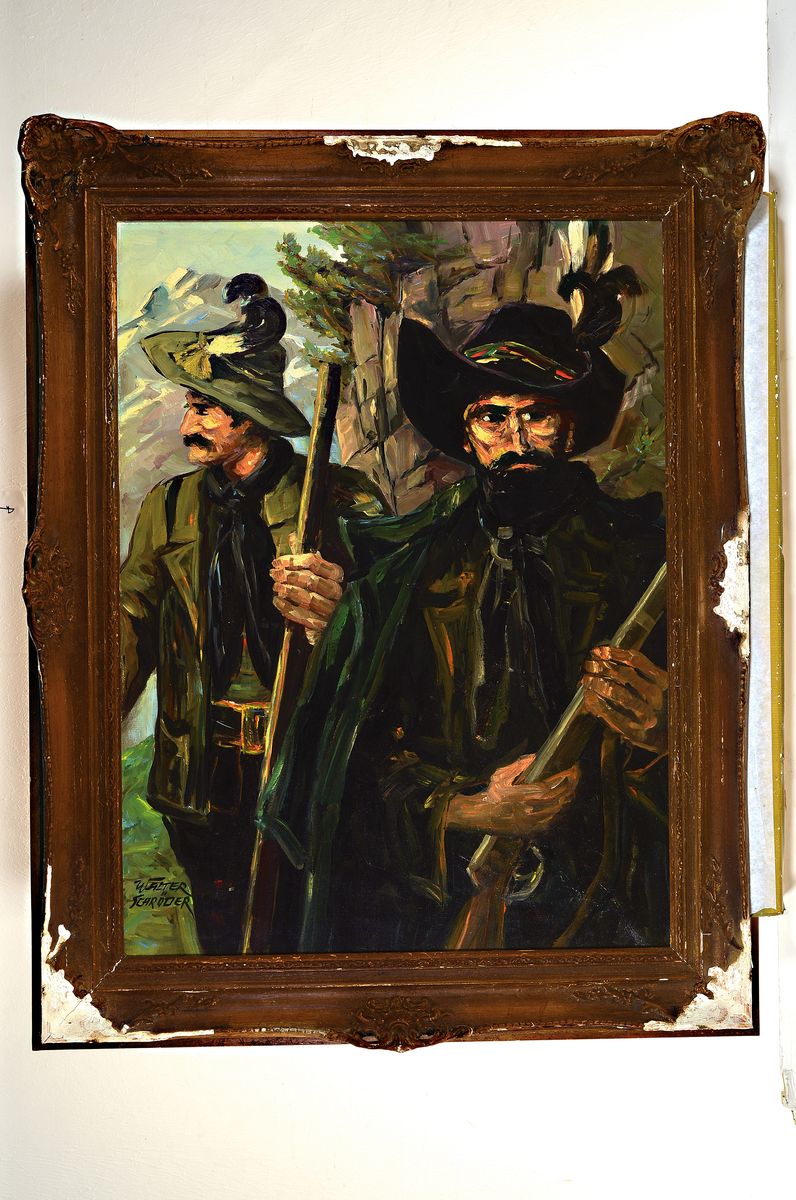 Detail k: Walter Schröder, deutscher Maler der 1. Hälfte des 20. Jh., Zwei Jäger im Gebirge, Öl/Lwd, links unten sign., expressiver Pinselduktus, ca. ...