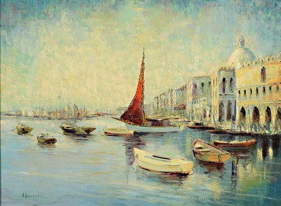 Image 26701179 - Vicente Ferrandis, painter of the early 20th century, view of Venice, oil/canvas, signed lower left, approx. 60x80cm, gold-colored frame in breakthrough work, this one damaged, approx. 73x93cm