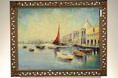 26701179k - Vicente Ferrandis, painter of the early 20th century, view of Venice, oil/canvas, signed lower left, approx. 60x80cm, gold-colored frame in breakthrough work, this one damaged, approx. 73x93cm
