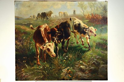 26701181k - Unknown artist, around 1900-1910, in the styleof Anton Braith, young cattle coming down a hill, oil/canvas, doubled, unsigned, approx. 110x127cm, slight signs of age