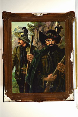 26701197k - Walter Schröder, German painter of the 1st half of the 20th century, two hunters in the mountains, oil/canvas, signed lower left, expressive brushwork, approx. 80x60cm, heavilydamaged baroque style frame approx. 100x80cm