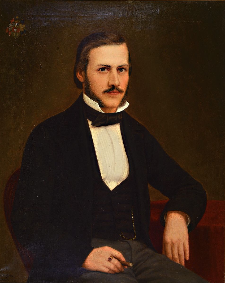 F.O. Klein, Düsseldorfer Maler des 19. Jh., Porträt des Otto von Kesseler (1833-63) sitzend mit Zigarre, Siegelring und Uhrenkette, links oben ein ...