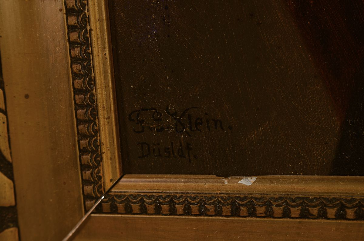 Detail a: F.O. Klein, Düsseldorfer Maler des 19. Jh., Porträt des Otto von Kesseler (1833-63) sitzend mit Zigarre, Siegelring und Uhrenkette, links oben ein ...