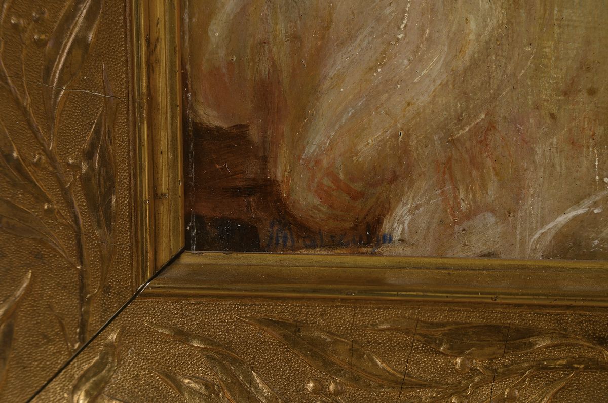 Detail a: A. Malszahn, um 1900, Mädchenporträt, Öl/Pappe, signiert, 36.5 x 28.5 cm, Jugendstilrahmen ca. 46 x 38 cm, l. ausgebessert