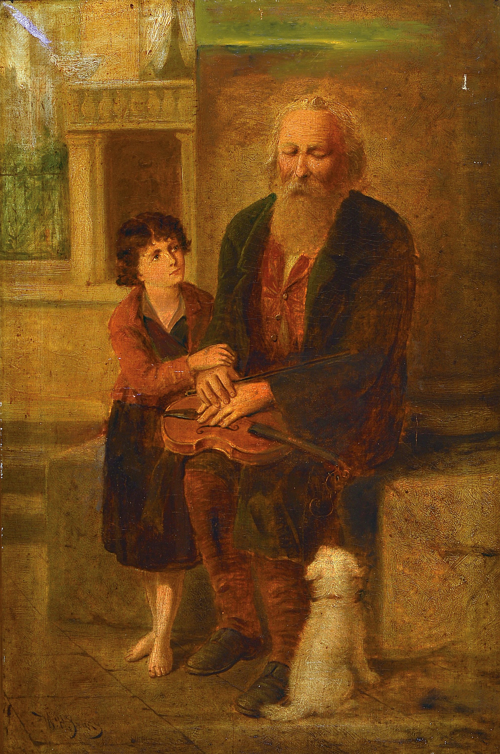 W.H. Perry, britischer Künstler der 2. Hälfte des 19. Jh., Großvater mit Geige auf dem Schoß, Enkel und Hündchen, Öl/Lwd, mehrfach rest., links ...