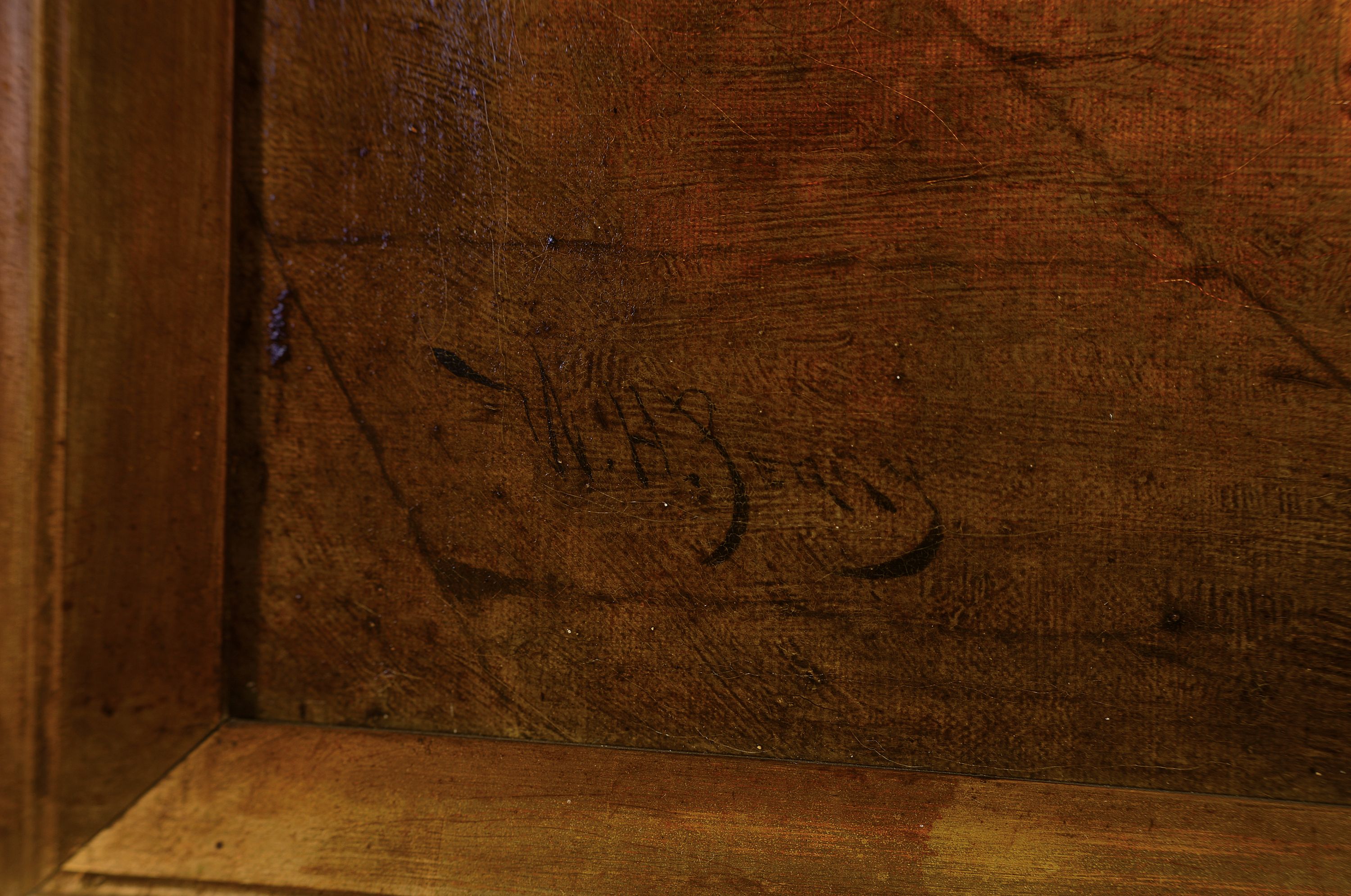 Detail a: W.H. Perry, britischer Künstler der 2. Hälfte des 19. Jh., Großvater mit Geige auf dem Schoß, Enkel und Hündchen, Öl/Lwd, mehrfach rest., links ...