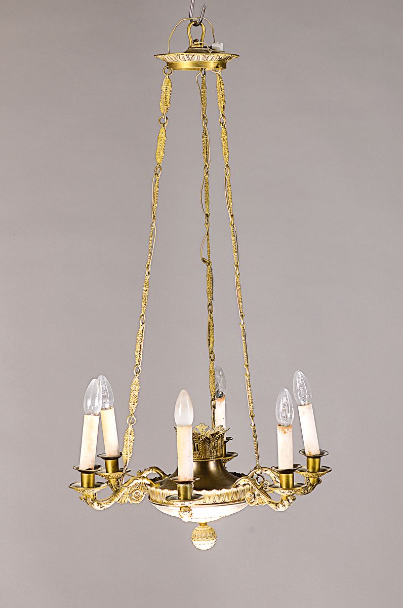 Empireleuchter/Deckenlampe, Ende 19. Jh., Messing/Bronze, z.T. vergoldet, patiniert, sechs Brennstellen, urspr. für Kerzen, später elektrifiziert, ...