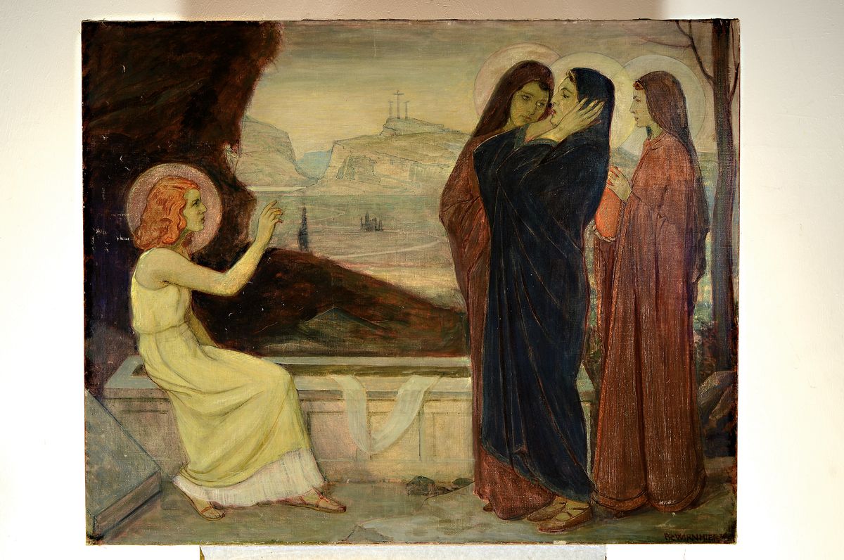 Detail k: Friedrich Wirnhier, 1868-1952 München, der auferstandene Christus begegnet den drei Frauen, im Hintergrund der Kreuzigungshügel, Öl/Lwd, rechts ...