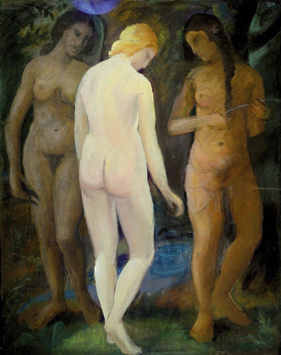 Adolf Martin, 1883 Blieskastel-1961 Isny, Studium an der Akademie Karlsruhe bei Schmid-Reutte, hier: Die drei Grazien, drei stehende weibliche Akte ...